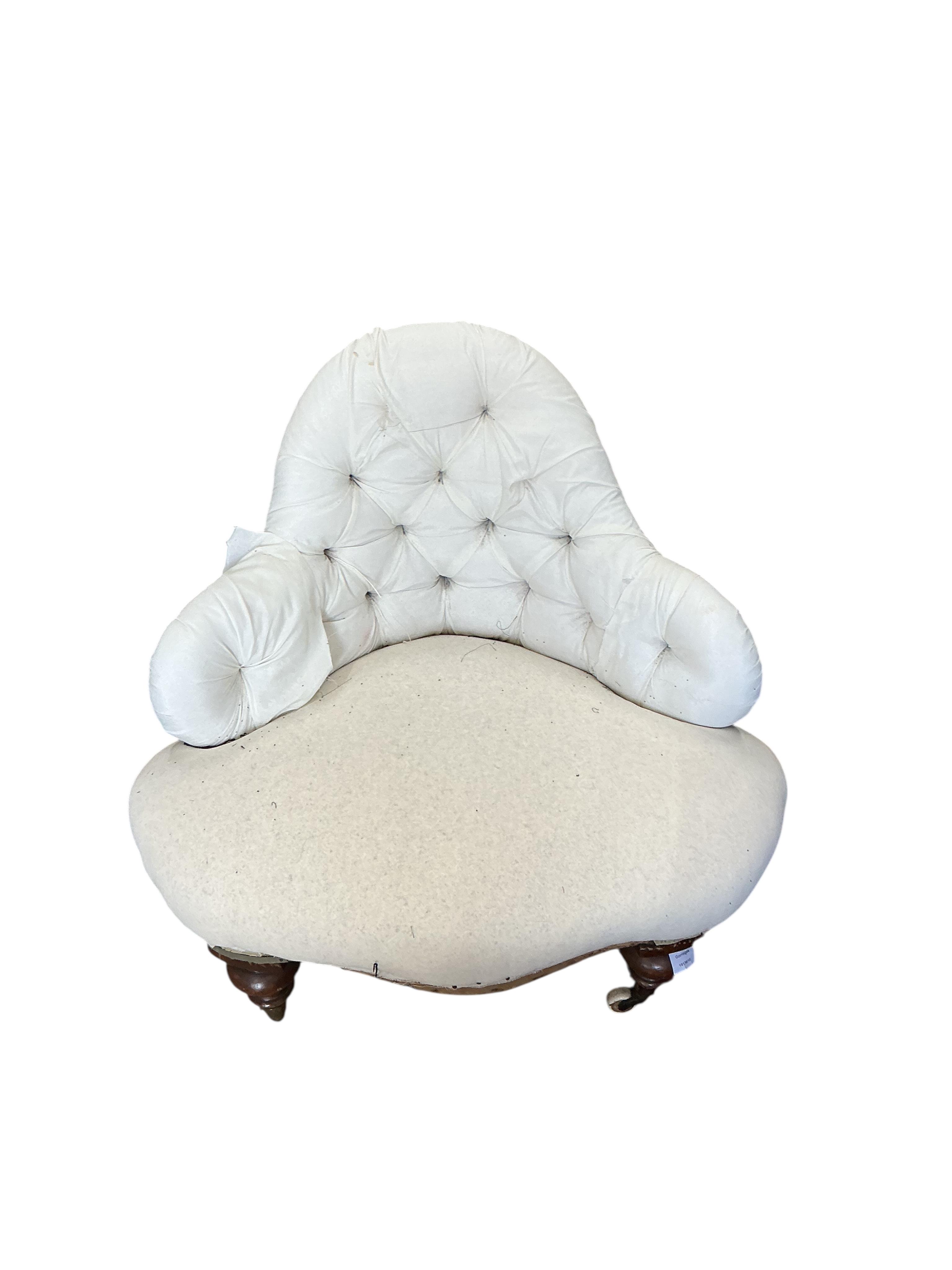 A Victorian part upholstered salon chair, width 86cm, height 78cm, in need of restoration